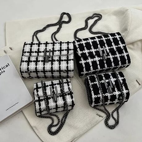 【サイズ2種類】モノクロツイード チェーンバッグ 2色展開