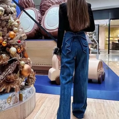 バックリボン タックデニムパンツ