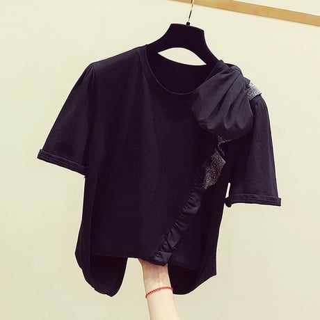 フリルライン ブラックリボンTシャツ