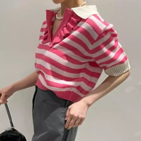 フリルネック ボーダーカラートップス 3色展開