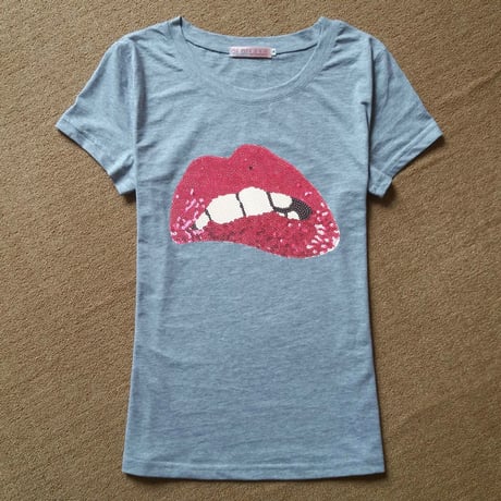 【WhiteMサイズ即納】スパンコール リップTシャツ 3色展開