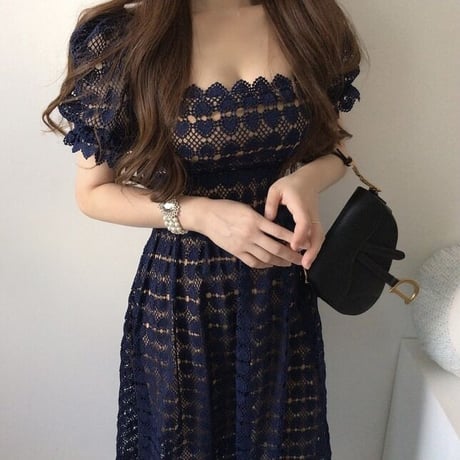 パフスリーブ ハートレースワンピース