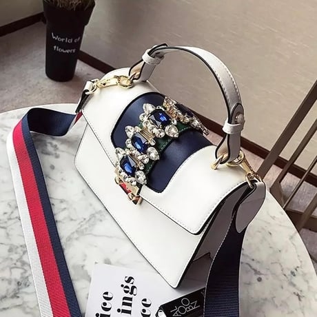 トリコロールカラーストラップ ビジューバッグ 4色展開