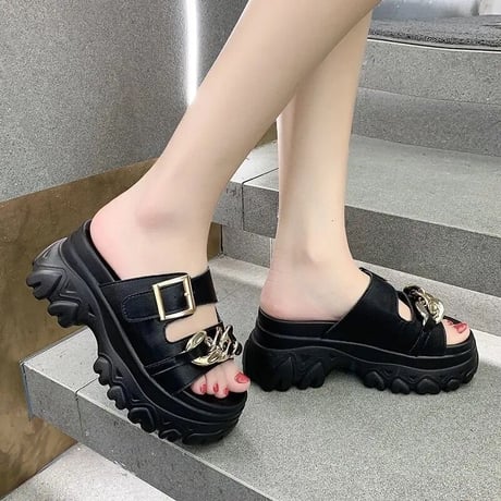 ゴールドチェーンバックル ハイソールサンダル 4色展開