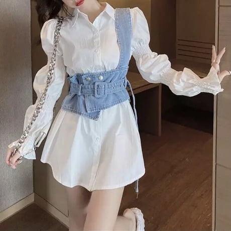 デニムビスチェ ブラウスセット