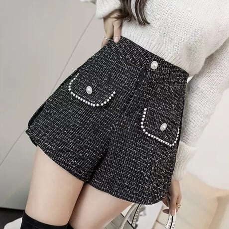 パールモチーフ サイドスリットツイードショートパンツ 3色展開