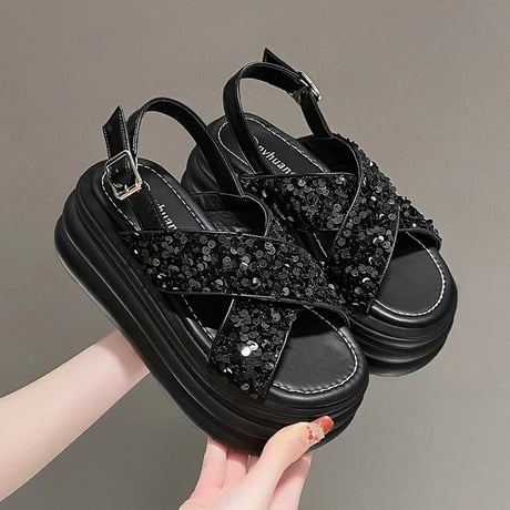 スパンコールバンド ハイソールサンダル 2色展開