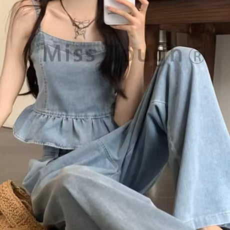 デニムフレアビスチェパンツセット