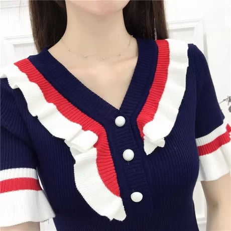 トリコロールカラー フリルボタントップス 3色展開