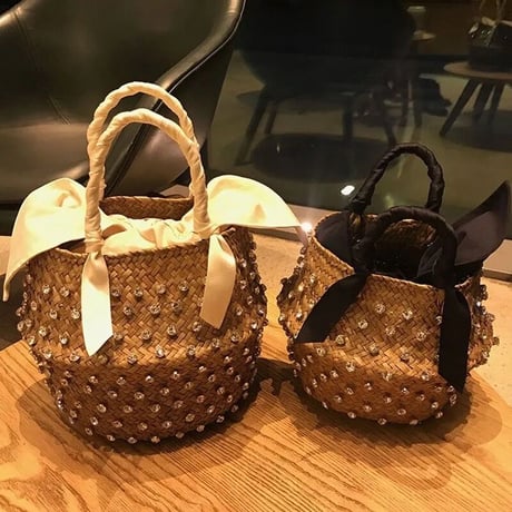 リボンバケット ビジューストローバッグ 9色展開2サイズ