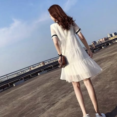 【White Mサイズ即納】ラインシフォン カジュアルワンピース 2色展開