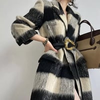 ベルト付き チェックモヘア ウールコート