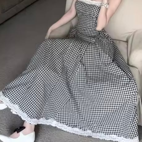 レースパッチワーク チェックロングワンピース