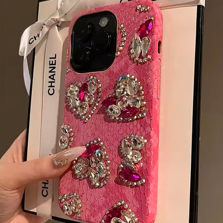 ビジューハートピンクパイソンiPhoneケース