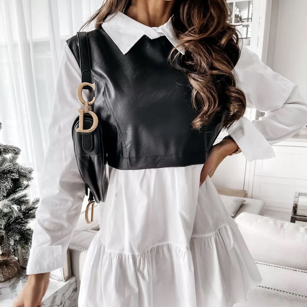 【zezezeze】ワンピース 定番チェック.白ブラウスセット White Sサイズ即納】レザービスチェ ブラウスワンピース 3色展開