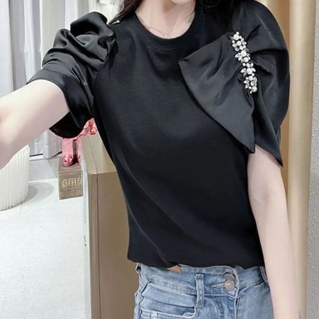 パールビジューサテンスリーブ トップス 3色展開