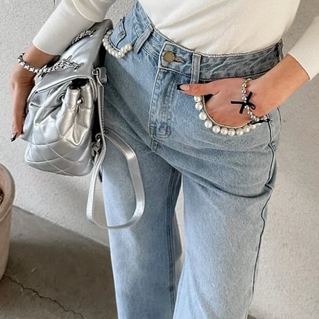 パールポケット ヘムダメージデニムパンツ