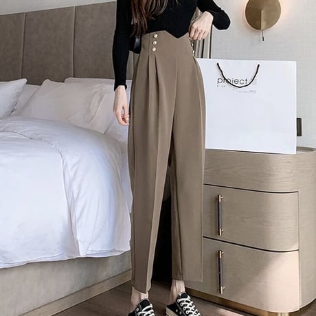ハイウエスト ゴールドボタンタックパンツ 2色展開