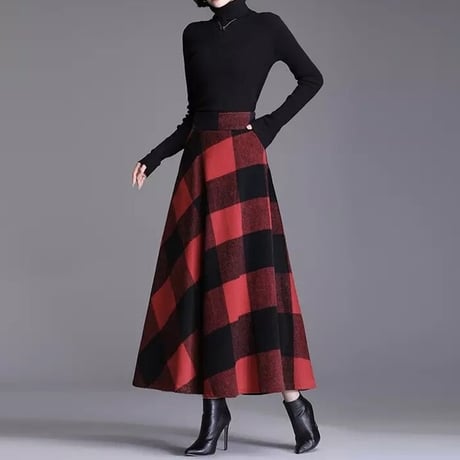 レッドチェック ウールスカート