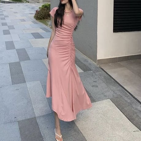 ギャザースリット ロングワンピース 2色展開