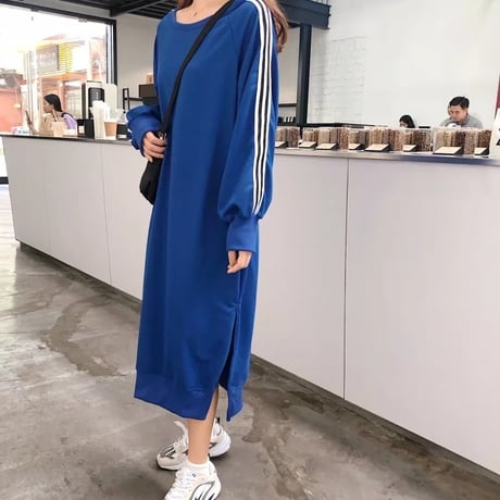 ラインスリーブ サイドスリットルーズワンピース 3色展開
