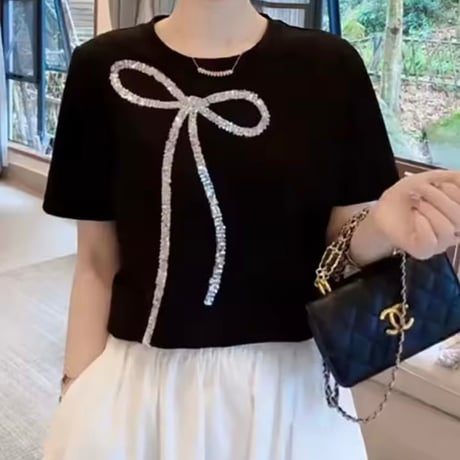 ビジューリボンコットンTシャツ