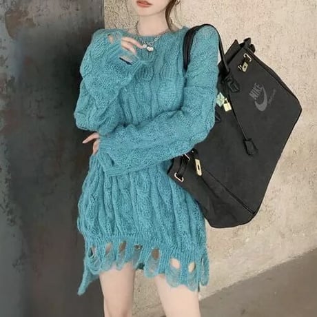 クラッシュ ロングケーブルニット 3色展開