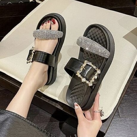 ビジューバックル ストーンバンドキルトサンダル 2色展開