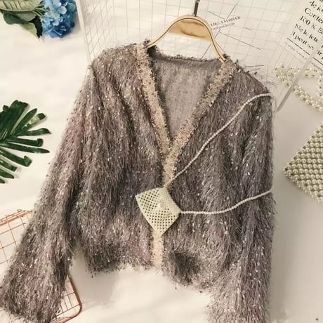 ツイードライン モヘアフリンジカーディガン 3色展開