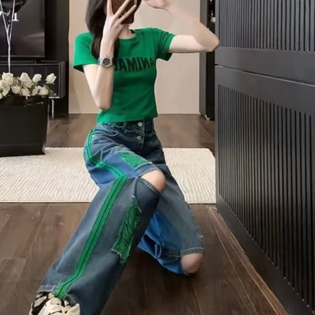 グリーンラインウォッシュデニムパンツ