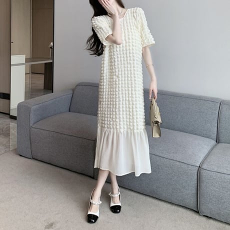 ワッフルシフォンヘム ロングワンピース 2色展開