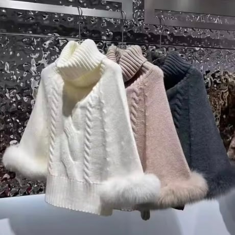 ハイネックケーブルファーポンチョ 3色展開