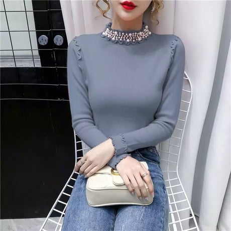 ビジューパール ウェーブフリルニット 4色展開