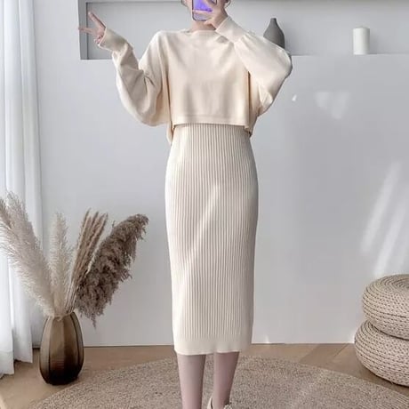 リブノースリーブワンピース ニットセット 3色展開