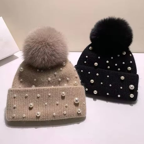 ラビットファーパールニットキャップ 6色展開