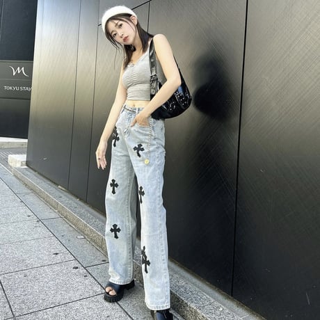 クロス ハイウエストデニムパンツ