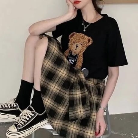 【別売りあり】ベアーTシャツ チェックタイスカートセット
