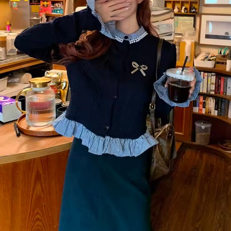 ブルーチェックリボンカーディガンスカートセット