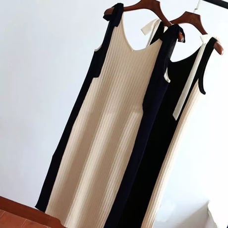 【White即納】ショルダーリボン ラインリブニットワンピース 3色展開