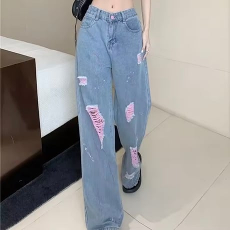 ピンクダメージペイントデニムパンツ