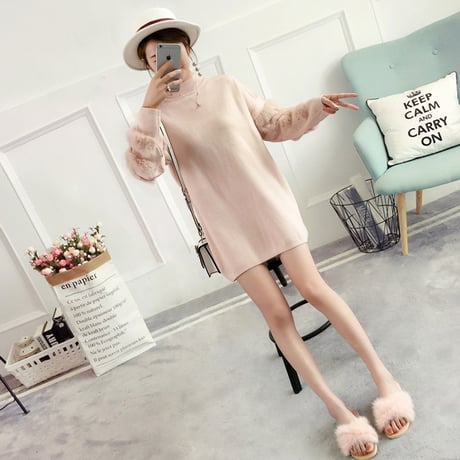スリーブファー ハイネックニットワンピース 3色展開