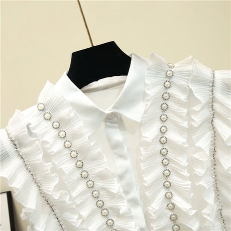 パールパッチワーク フリルノースリーブブラウス 2色展開