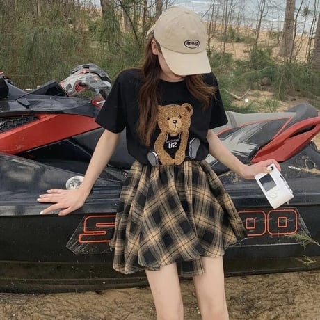 【別売りあり】ベアーTシャツ チェックタイスカートセット