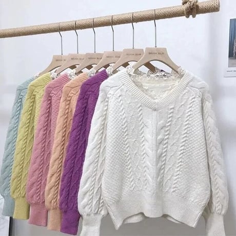 レースネック ケーブルニット 6色展開