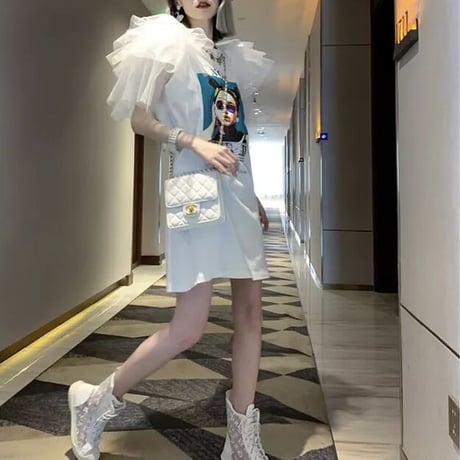 メッシュスリーブ グラフィックワンピース 3色展開
