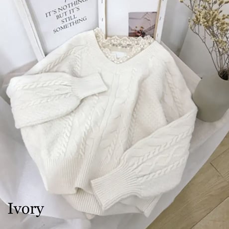 レースネック ケーブルニット 6色展開