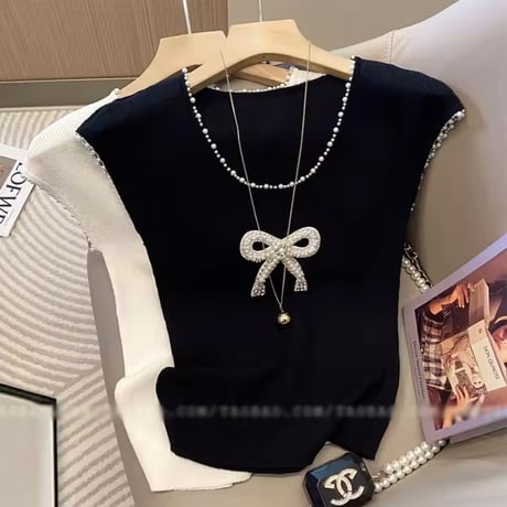 ビジューリボンサマーニットトップス 2色展開