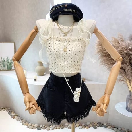 ドットレース シフォンリボントップス 2色展開