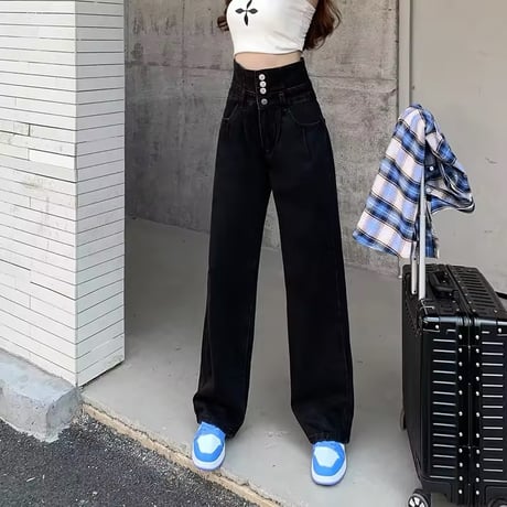 ハイウエストブラックデニムパンツ