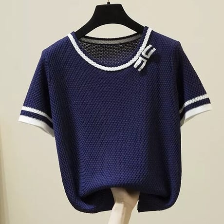 ラインリボン サマーニットトップス 4色展開